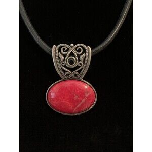 Signed Chico's Red Stone Necklace Pendant Black Cord Adjustable Silvertone